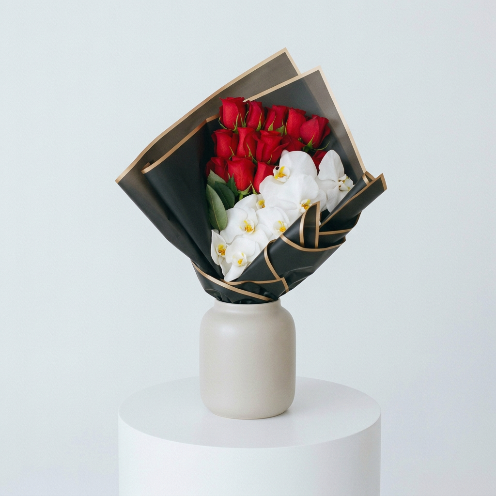 Red Roses with Orchids Bouquet